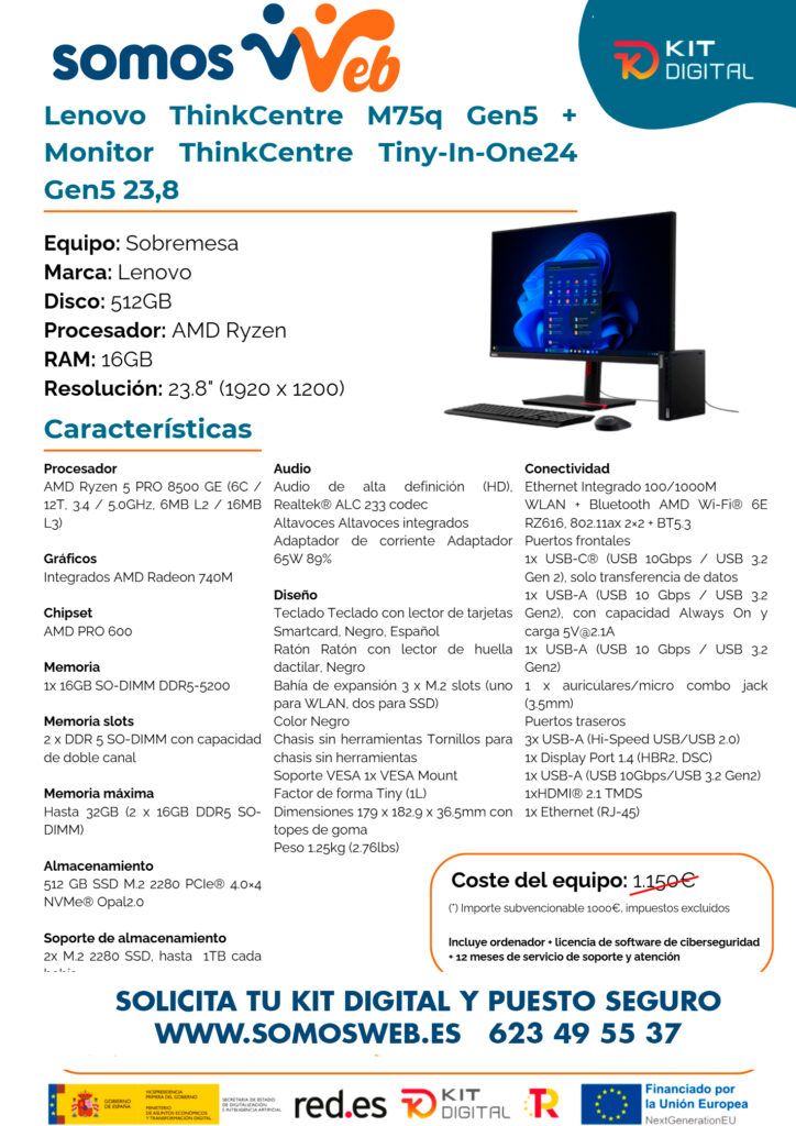 Puesto de trabajo seguro Lenovo thinkcentre m75q gen5 monitor thinkcentre tiny in one24 gen5 23 PULGADAS.